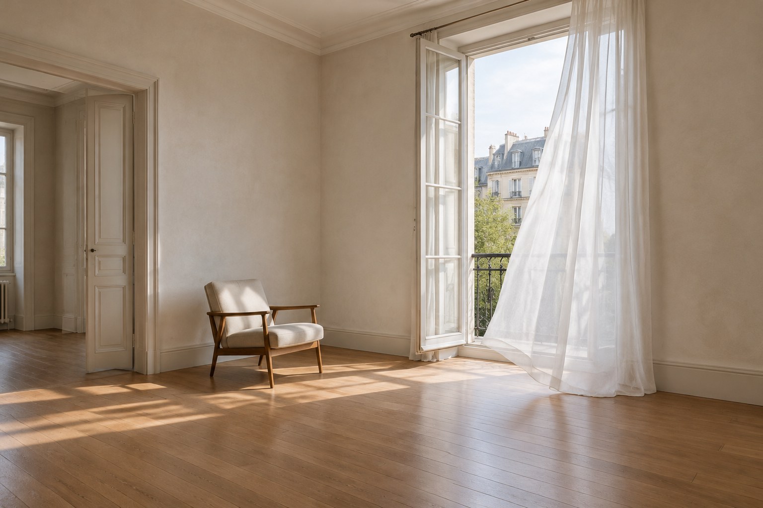 An open window in an empty, aired room